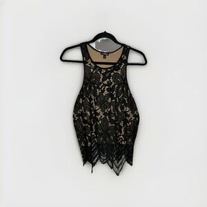 Express Lace Tank Women's Sz L Black Open Weave Shell Over Tan Lining